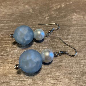 Blue and White Pearl Drop Earrings